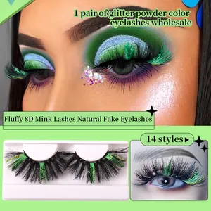8D Faux Mink Eyelashes With Colorful Glitter Powder Dramatic Thick Long Fluffy Handmade Reusable False Eyelashes For Party Makeup