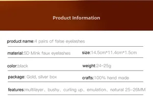 Detailed specifications for 25mm 5D synthetic mink false eyelashes in a 4-pair set pack