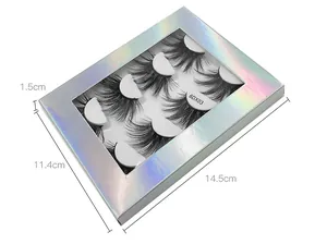 Detail of 5 pairs of 6D synthetic fiber eyelashes in laser rainbow packaging box