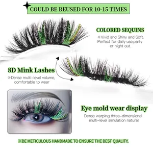 Dramatic 25mm 8D mink eyelashes with green and gold glitter flakes for party makeup