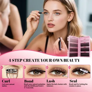 DIY cluster eyelash extension kit with glue, tweezers, and curler in a pink box