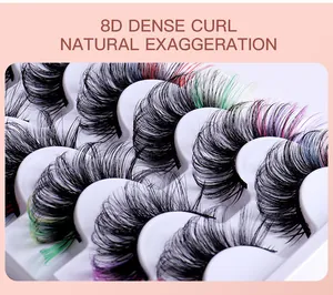 Macro shot of 8D dense curl false eyelashes featuring colorful fiber accents and natural texture