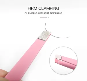 Detail view of pink matte eyelash tweezers with precision flat-tip and firm clamping