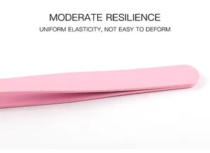 Detail of pink stainless steel tweezers body showing the ergonomic arm and matte finish