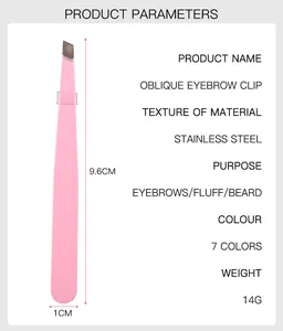 Detailed specs of pink stainless steel oblique eyebrow tweezers for precision grooming