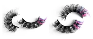 Detail of pink and blue mixed color faux eyelashes with thick 3D volume and D curl