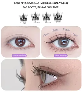Detail van 11-13 mm gesegmenteerde wimpers met dicht natuurlijk volume en voor-na-effect
