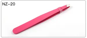 Detailed view of rose red slanted tweezers with matte finish and plastic safety ring