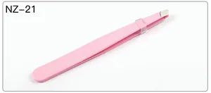 Close-up of pink professional eyelash tweezers NZ-21 with stainless steel tip and protector