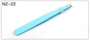 Macro detail of stainless steel tweezers with light blue coating and protective tip cover