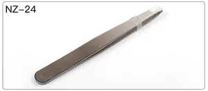 Macro shot of NZ-24 precision tweezers featuring a brushed silver finish and slanted tip