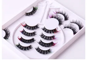 Macro shot of 7 pairs colorful Russian curl false eyelashes with dense 3D volume
