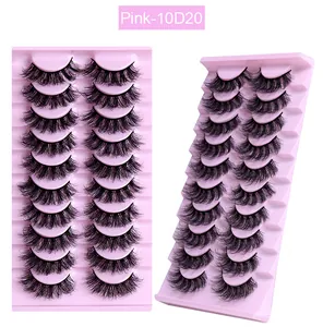 Makro-Detail von 10 Paar 10D20 dichten, geschwungenen falschen Wimpern auf rosa Schalen