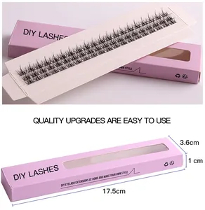 Detailoverzicht van DIY clusterwimpers in roze verpakking met 17,5cm doosafmetingen