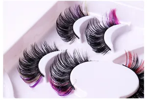 Detail view of 7 pairs of Russian curl false eyelashes with purple and pink gradient tips