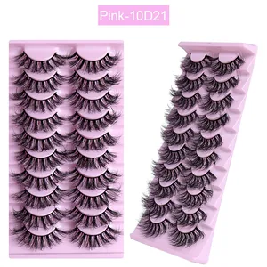 Detailansicht von 10 Paar voluminösen 3D-Wimpern in einer rosa gestuften Kunststoffschale