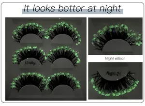 Close-up of green glowing sequins on thick curled fake eyelashes for night stage party