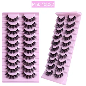 Detailansicht von 10 Paaren 10D22 fluffigen dichten falschen Wimpern auf rosa Tablett
