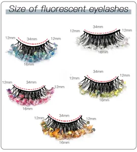 Size chart showing 34mm band and 16mm length for fluorescent sequin false eyelashes