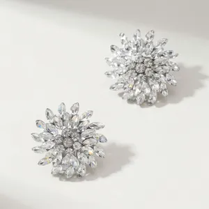 Elegant silver sunflower rhinestone earrings with sparkling crystal flower cluster design