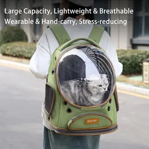Large capacity green pet carrier backpack with transparent space capsule window for cats