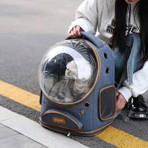 Breathable pet carrier backpack with space capsule window and denim canvas finish