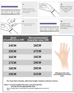 Detailed sizing guide showing wrist measurement steps and bracelet length chart