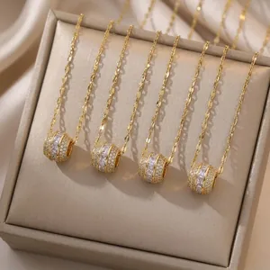 Cylinder Pendant Necklace Stainless Steel Full Zircon Micro Pave Clavicle Chain Fashion Jewelry For Women