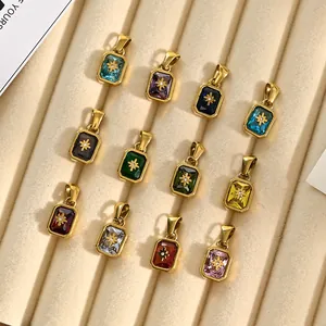Set of 12 colorful rectangle birthstone pendants in 18K gold-plated stainless steel