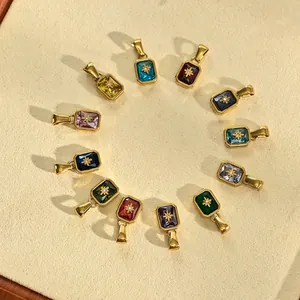 Golden stainless steel rectangle birthstone charms with colorful zircon and star motifs
