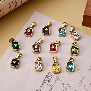 Rectangle 18K gold plated stainless steel birthstone pendant with starburst and zircon