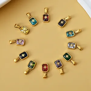 Rectangle Birthstone Pendants Stainless Steel Zircon Gemstone Gold Plated Colorful Charms DIY Jewelry Finding
