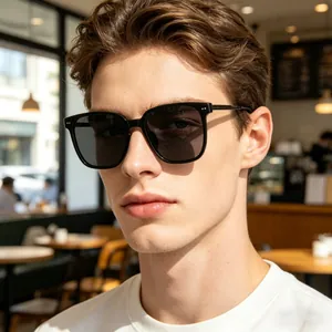 Detailed close-up showing the metallic decorative accents on the temple of black sunglasses