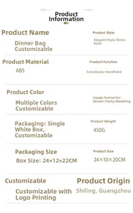 Detailed specifications for acrylic evening bag with 24x10x20cm dimensions and ABS material