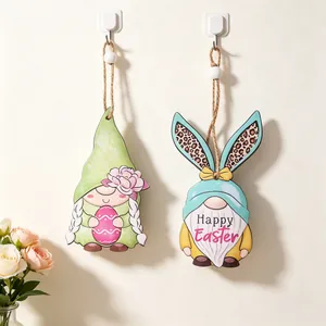 Easter wooden gnome hanging ornaments with Happy Easter text and cute bunny ears