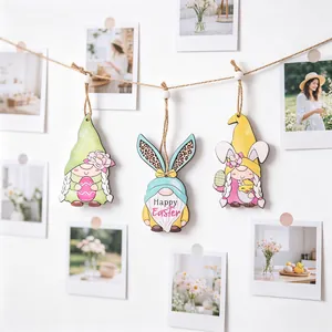 Three Easter wooden gnome hanging ornaments with Happy Easter text and hemp ropes