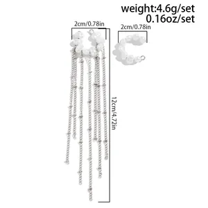Detailed dimension diagram of silver tassel ear cuff set with white pearls and chains