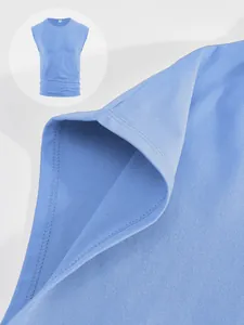 Detailed close-up of reinforced stitching on a men's light blue sleeveless sport tank top
