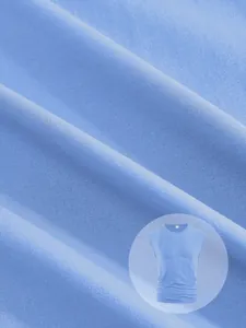 Detailed view of soft blue breathable fabric texture for men's sleeveless casual T-shirt.