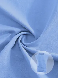 Close-up of breathable light blue knitted fabric texture for men's sleeveless T-shirt
