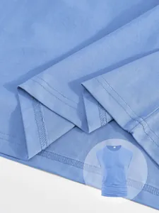 Detail of double-needle stitching on light blue sleeveless T-shirt hem for men