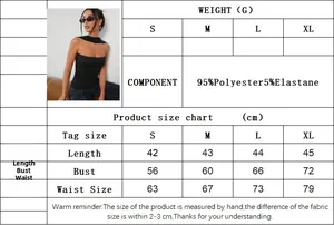 Size chart showing bust and waist measurements for a polyester blend strapless top