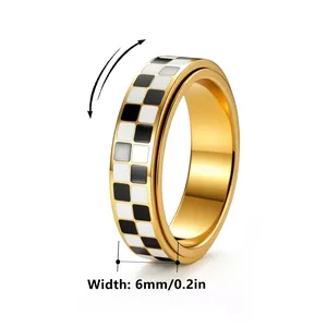 6mm checkerboard spinner ring in gold stainless steel with black and white grid
