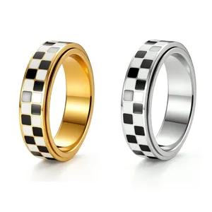 Pair of rotatable 304 stainless steel rings with black and white checkerboard design