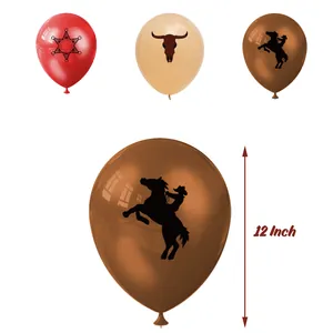 12-inch West Cowboy party latex balloons with sheriff star, bull skull and horse rider prints