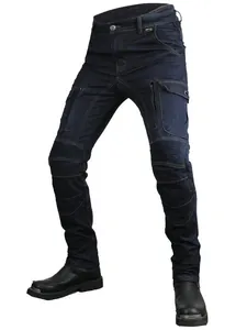 Cordura motorcycle riding jeans in navy blue with protective knee padding and cargo pockets