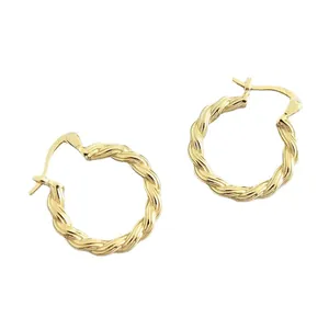 Polished gold-plated S925 sterling silver hoop earrings with twisted rope pattern design