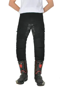 Men's black motorcycle riding jeans with protective knee pads and anti-slip crotch