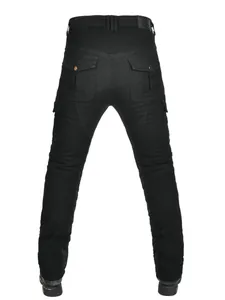 Men's black motorcycle riding jeans with protective pads and stretch panels for safety
