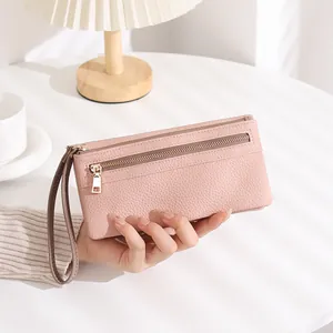 Vintage large capacity long wallet for women with double zipper in litchi grain leather